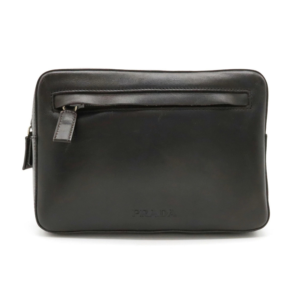 Prada Body Bag Waist Pouch Clutch Hip Leather Dark Brown